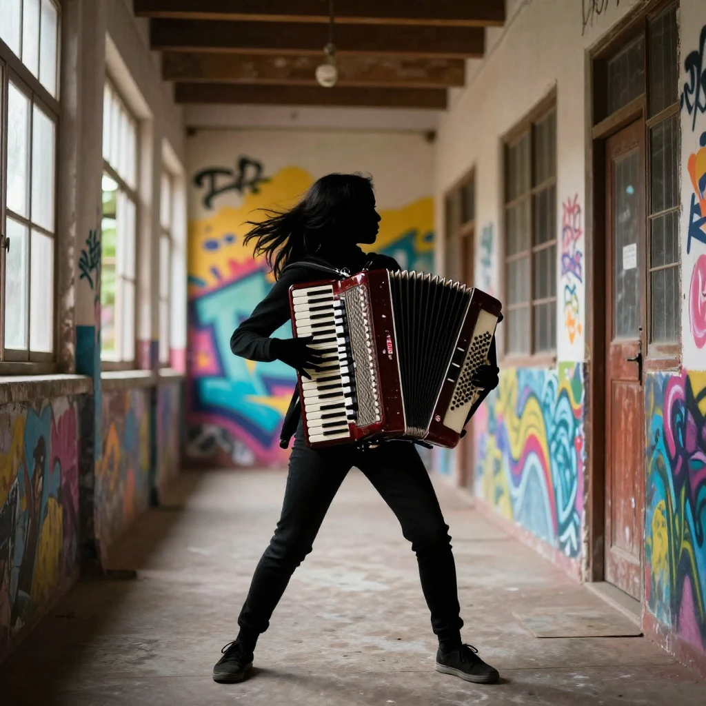 A silhouette of a girl playing a button accordion in a rural...