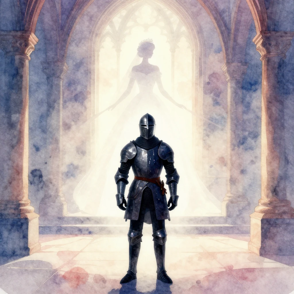 A lone knight's silhouette, helmeted, standing guard in a gr...