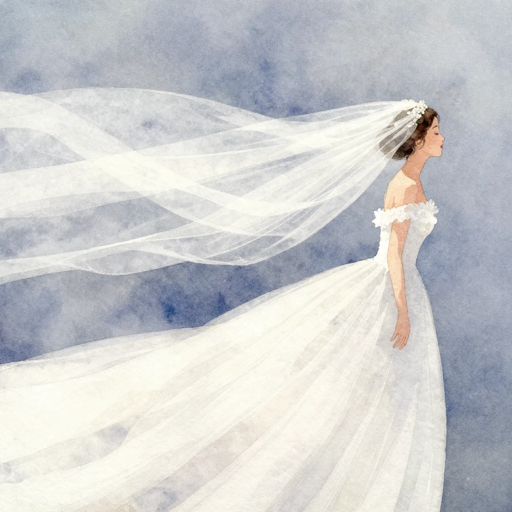 A watercolor painting of a white wedding veil flowing dramat...