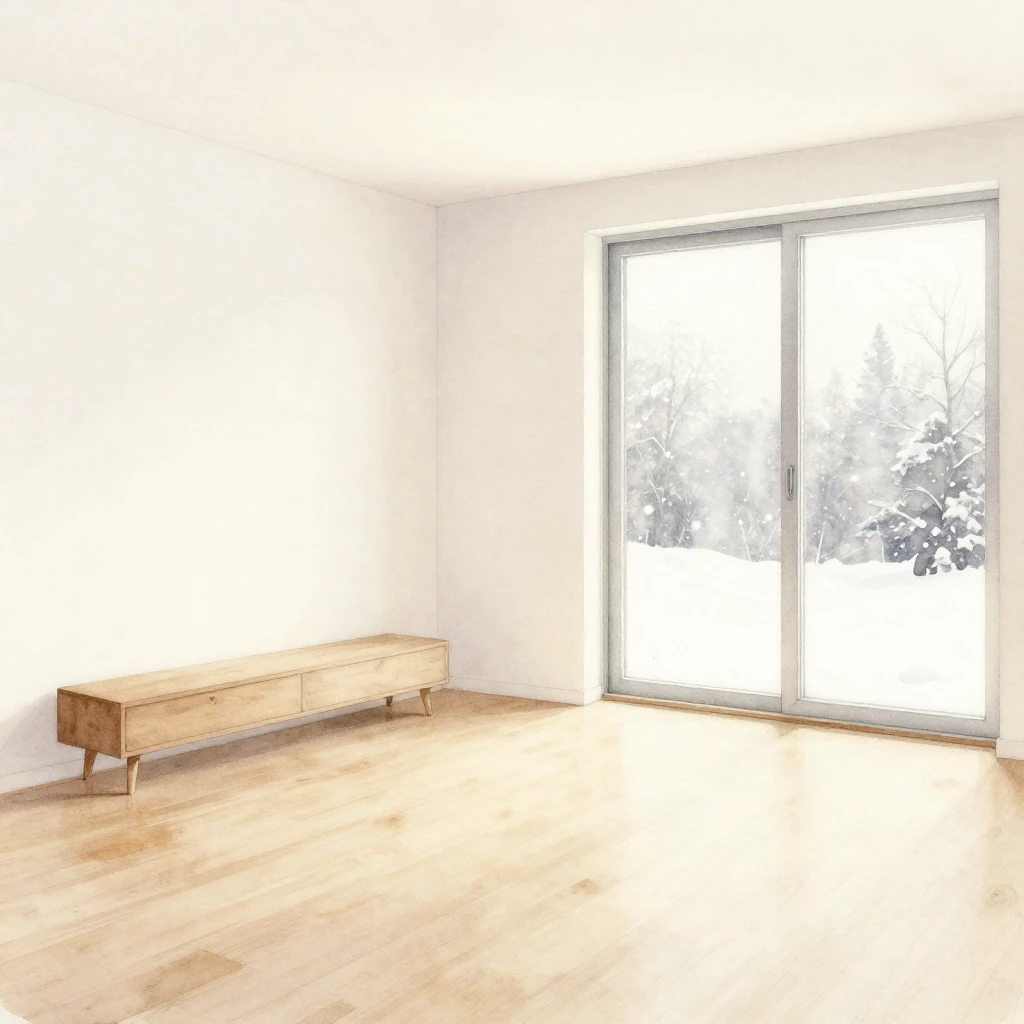 A watercolor painting of a minimalist home interior, clean l...