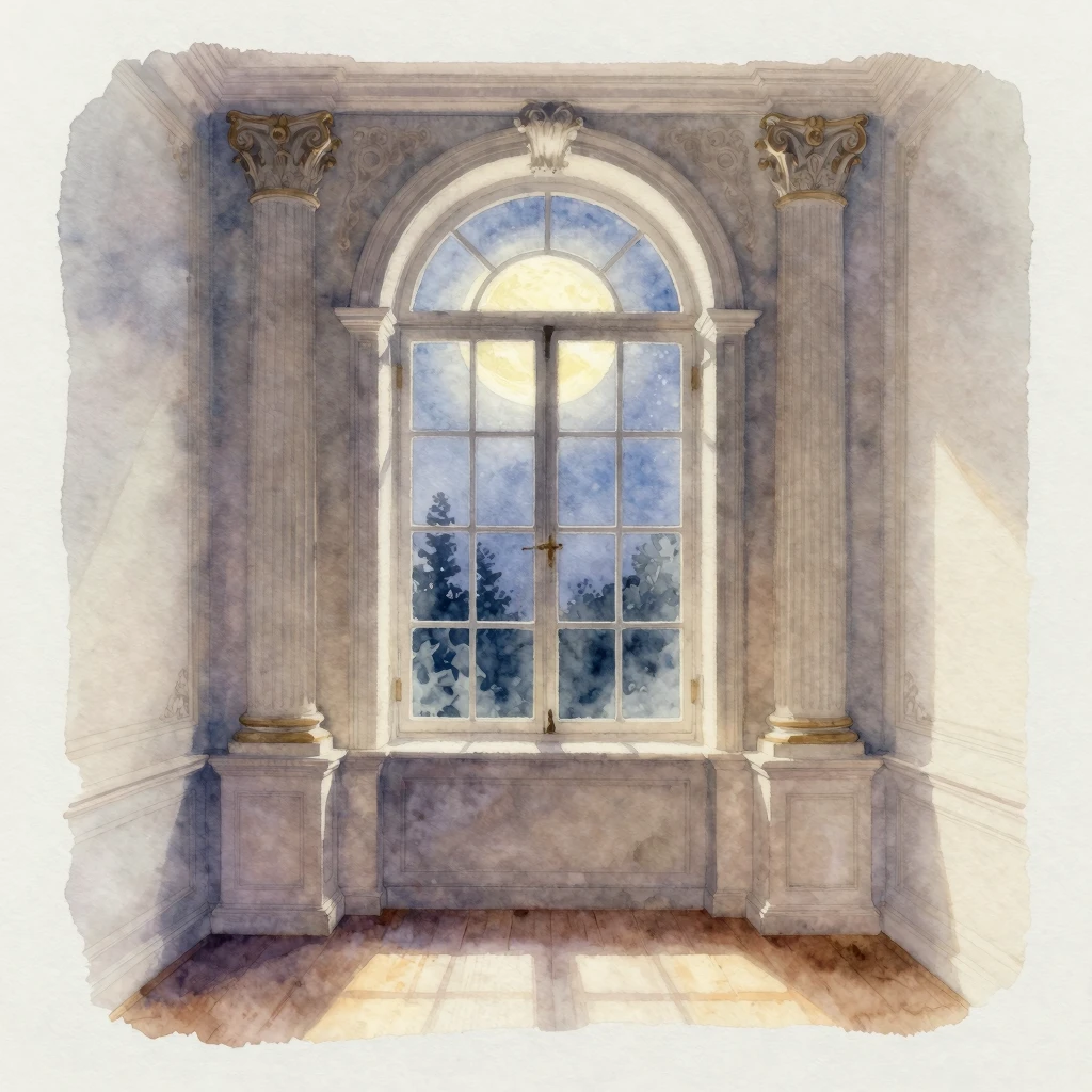 Watercolor painting of a classical room with an old arched w...