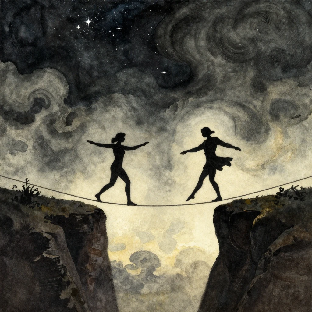 A vintage surrealist watercolor painting showing two dark si...