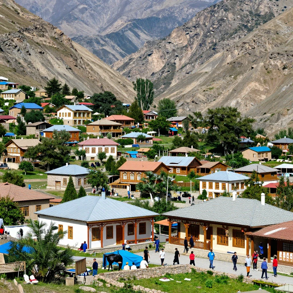 A vibrant, bustling Dagestani village nestled in a valley, w...