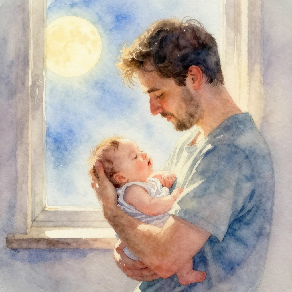 A watercolor painting of a father gently holding a sleeping ...