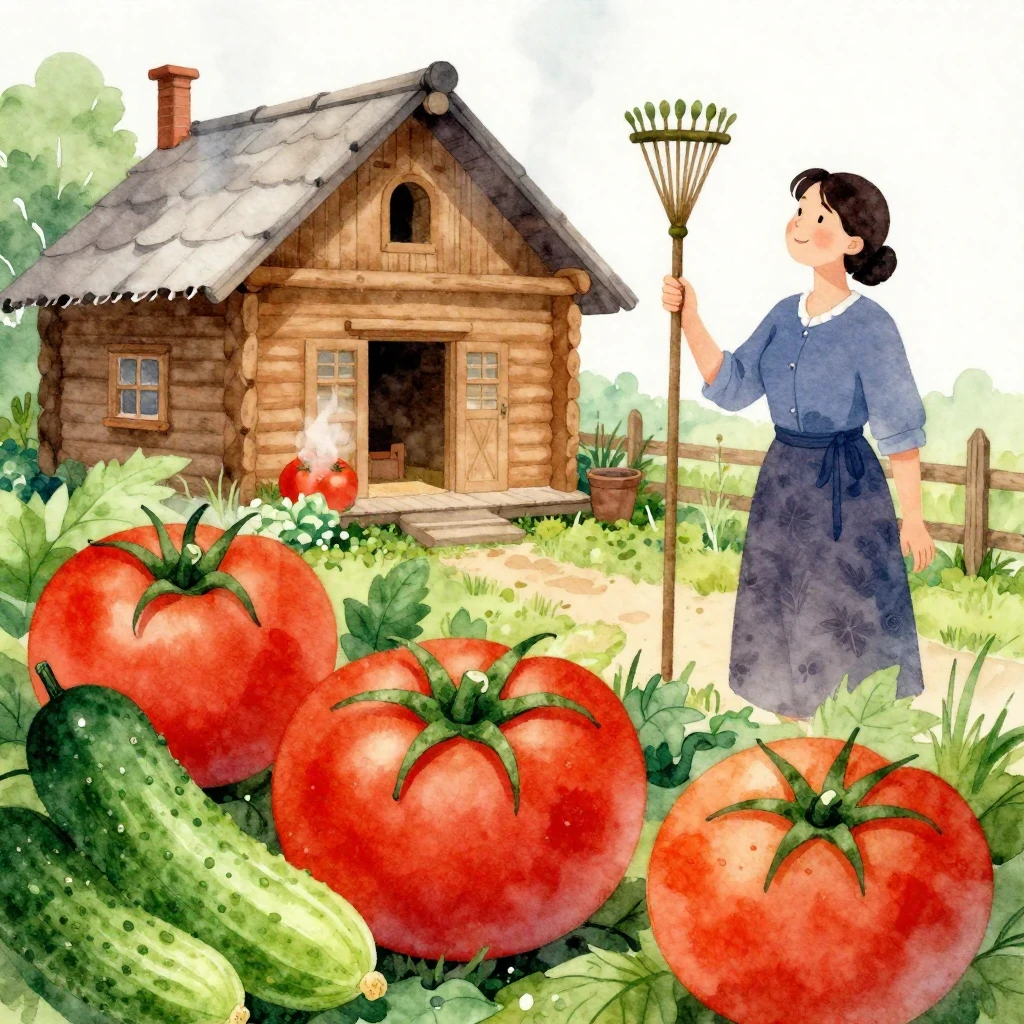 A vibrant watercolor illustration of a cozy, rustic dacha se...