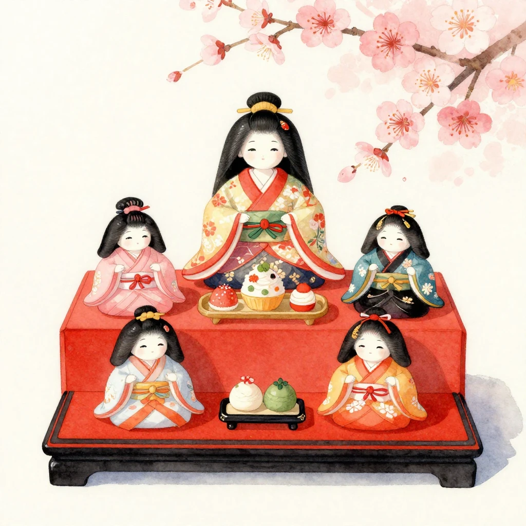 A serene watercolor painting of traditional Japanese Hina-ni...