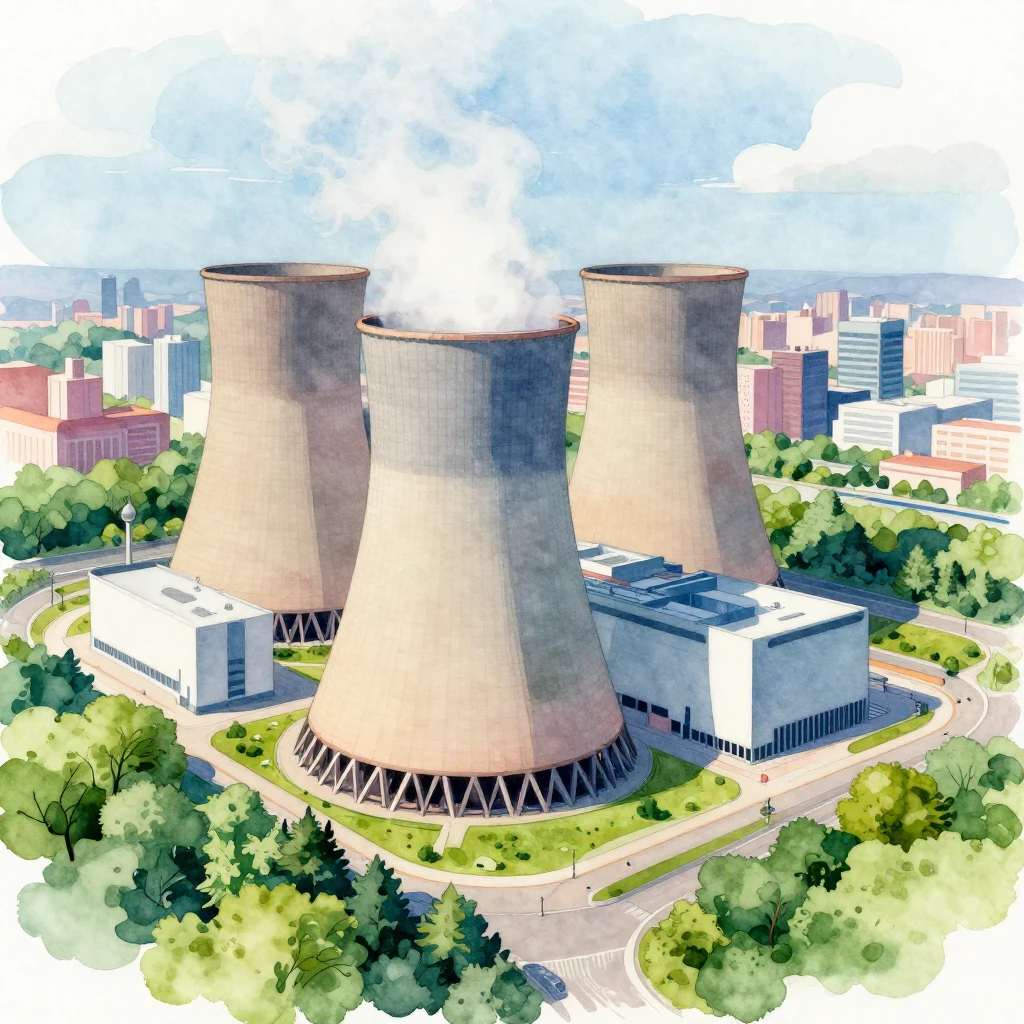 A watercolor style illustration of a nuclear power plant, in...