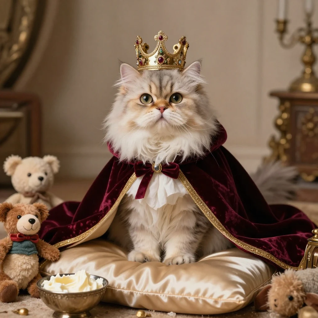 A fluffy Persian cat wearing a small, ornate crown and a lux...