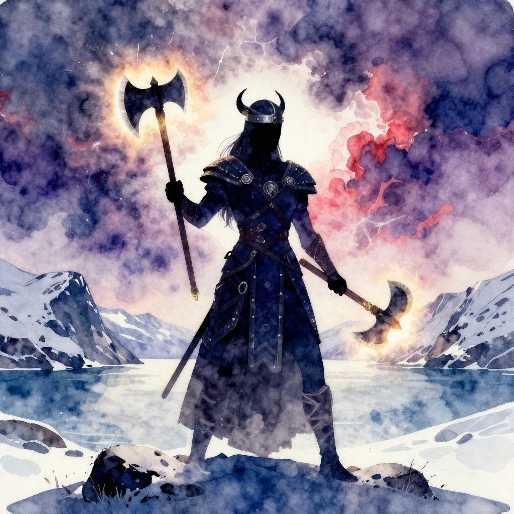 A powerful silhouette of a Viking queen, wielding glowing ax...