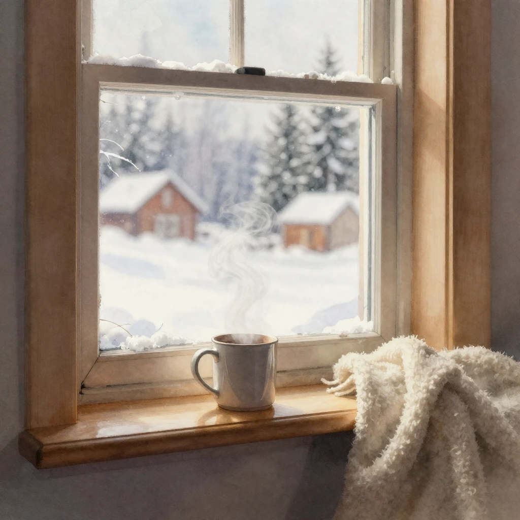 A cozy window view looking out onto a snowy landscape, with ...
