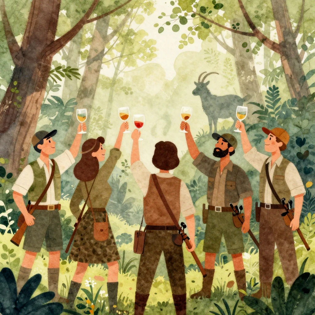 A group of stylized, slightly tipsy hunters in a vibrant wat...