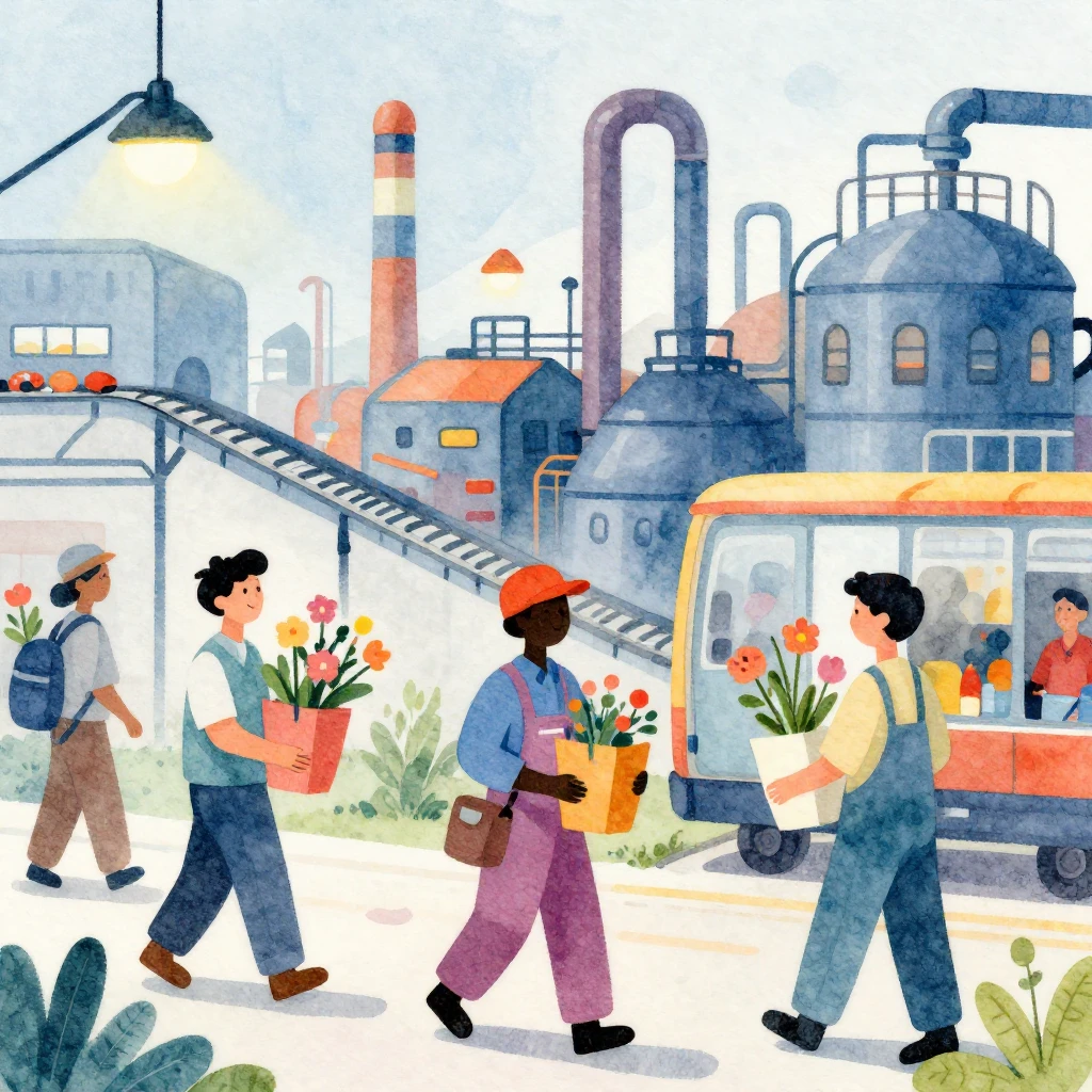 Vibrant watercolor illustration of a factory setting. Silhou...