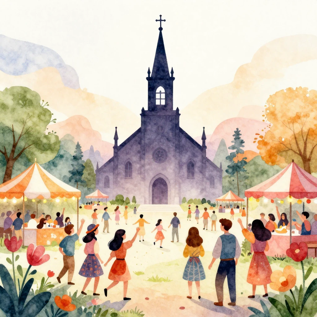 A vibrant watercolor illustration featuring a stylized churc...