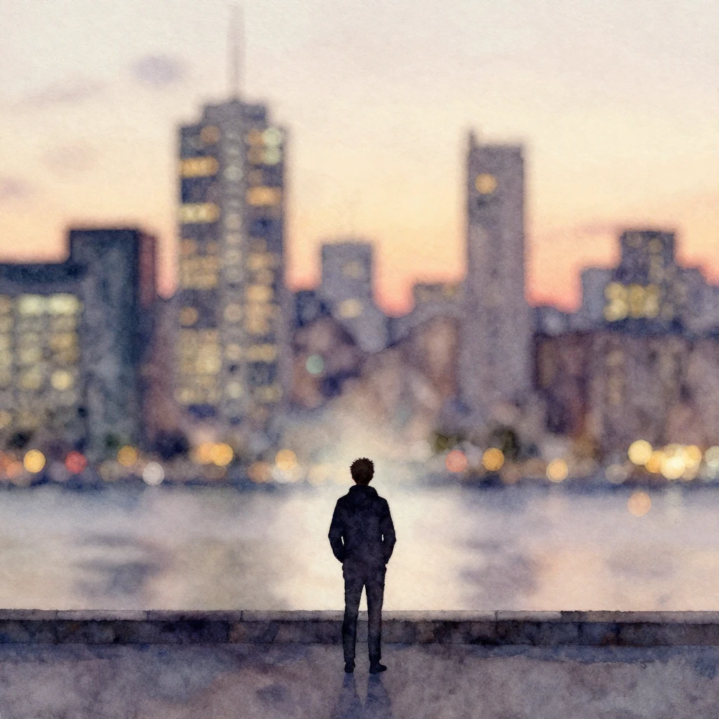 A watercolor painting depicting a blurred, atmospheric citys...