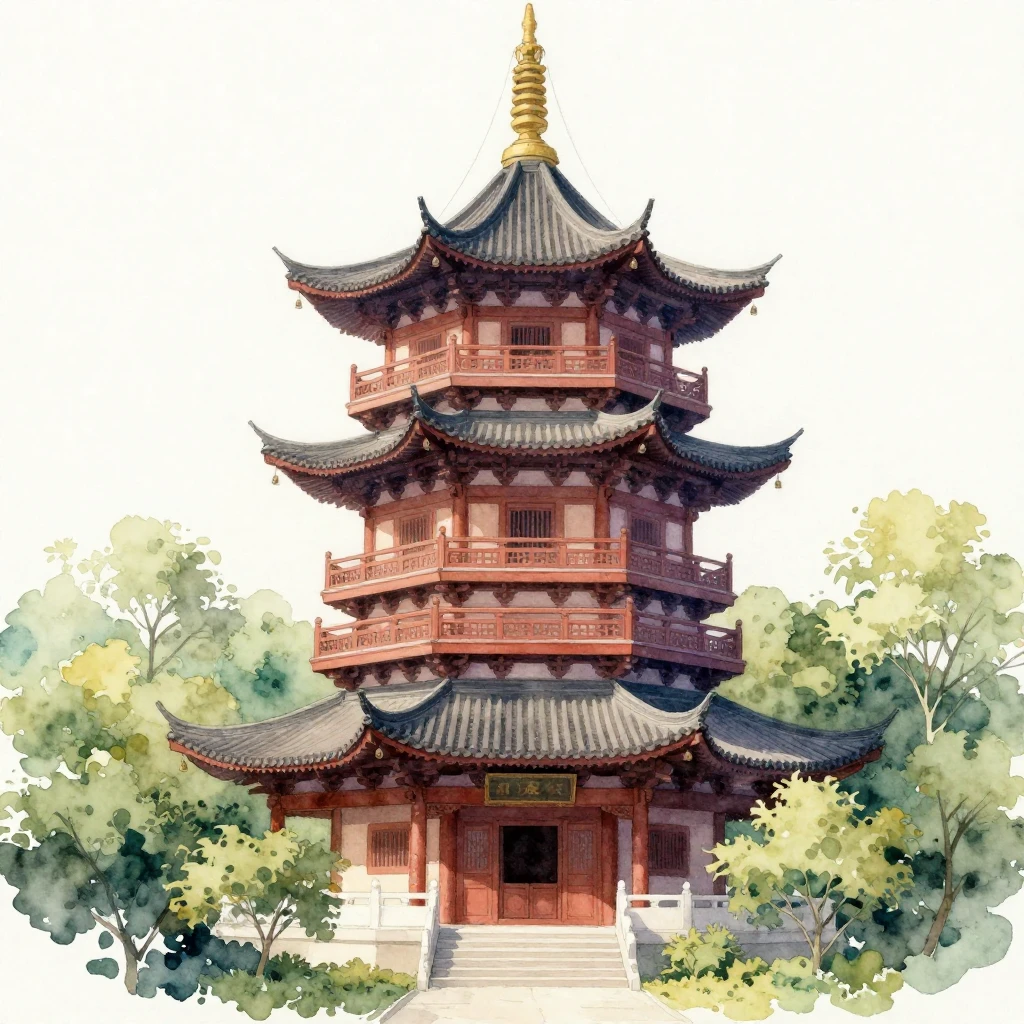 A beautiful watercolor painting of a traditional pagoda, emp...