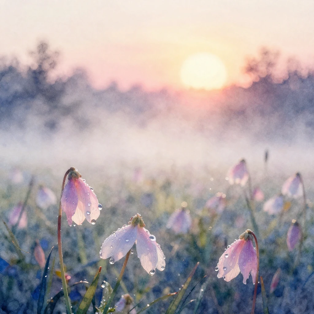 Vibrant watercolor painting of a misty morning landscape wit...