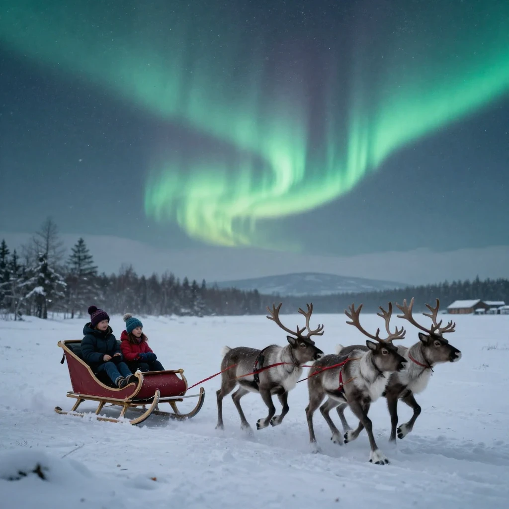Children in a sleigh pulled by reindeer, journeying through ...