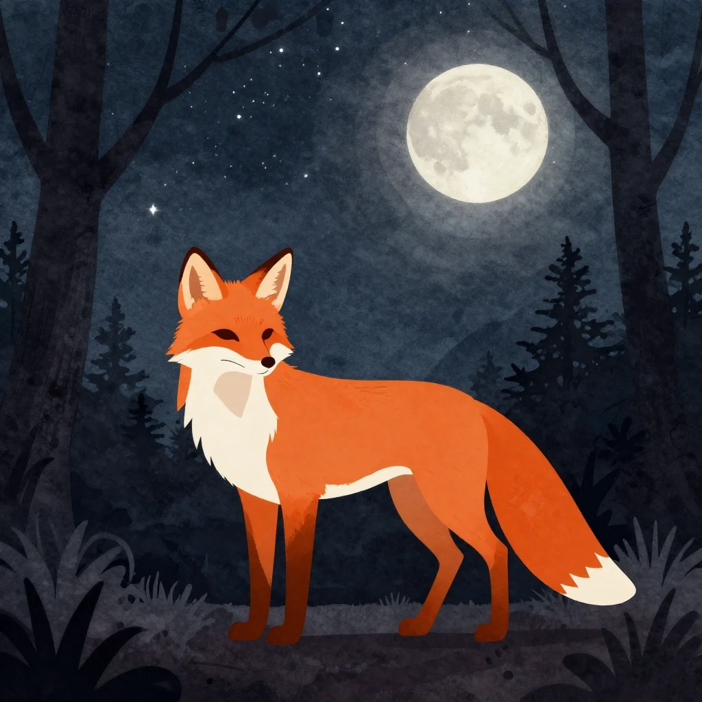 A graceful orange fox silhouette standing in a dark, moonlit...