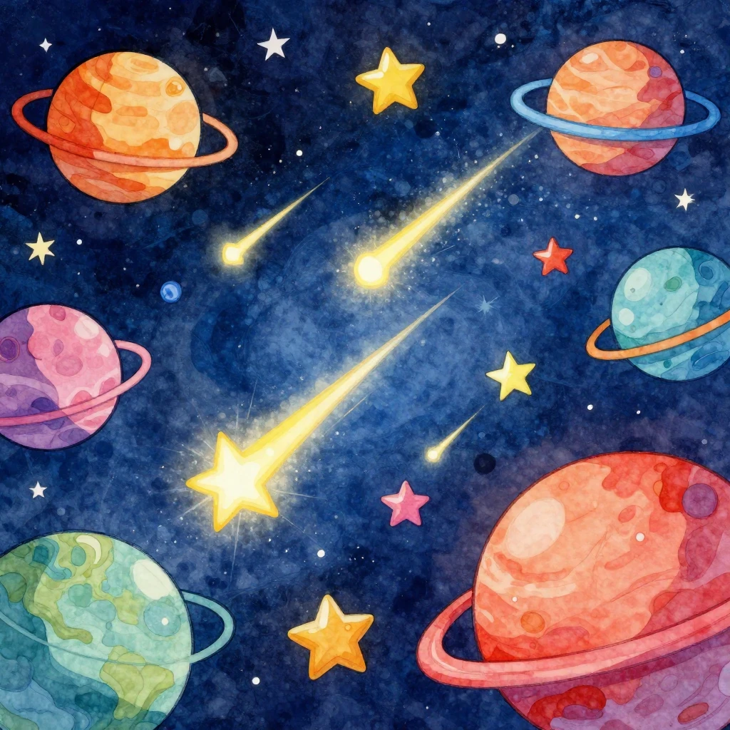 A vibrant, cartoonish outer space scene filled with colorful...