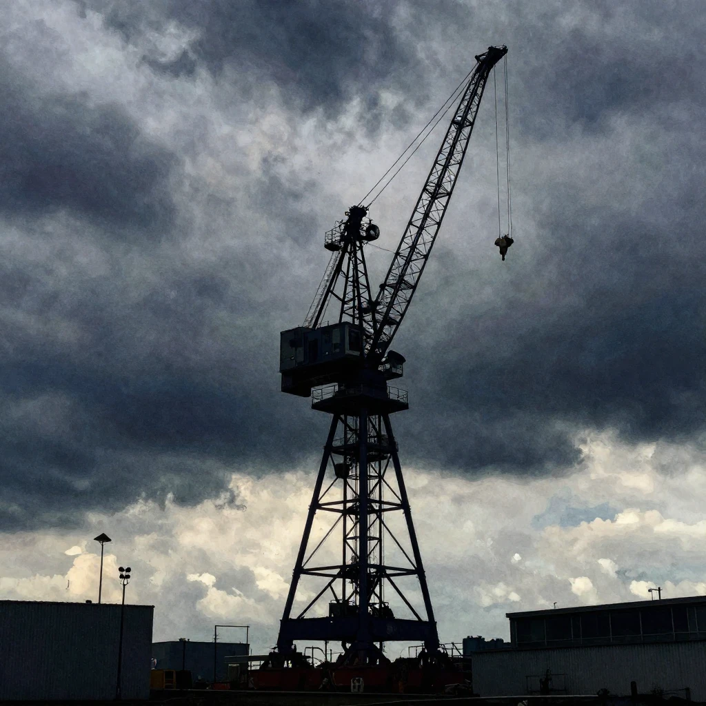 A dark silhouette of a massive giant crane dominating the sk...