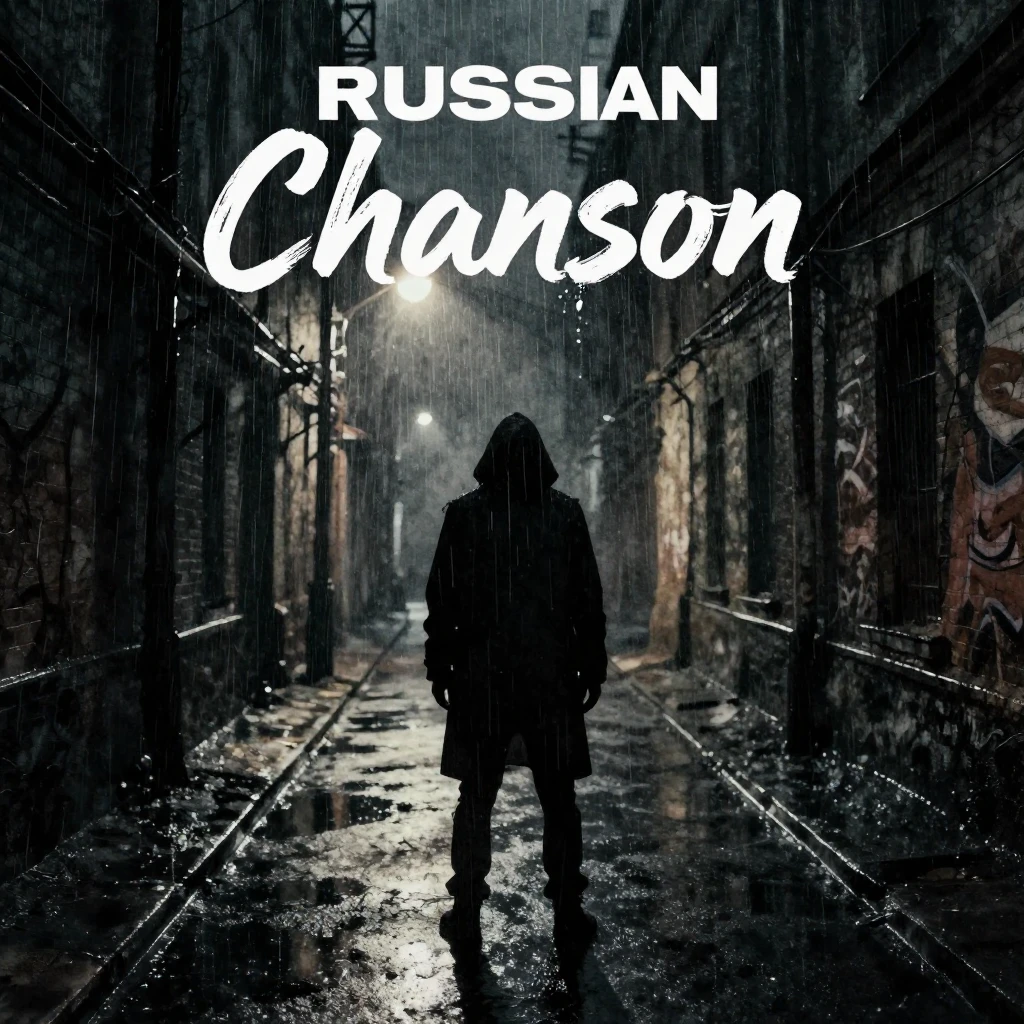 A dark, gritty, cinematic album cover for a Russian 'Chanson...