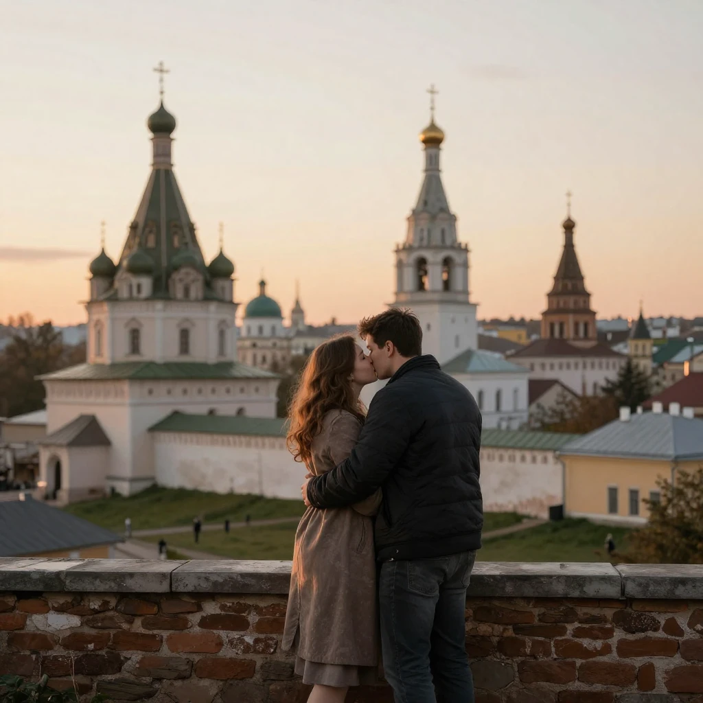 A romantic and hopeful scene set in an ancient Russian city ...