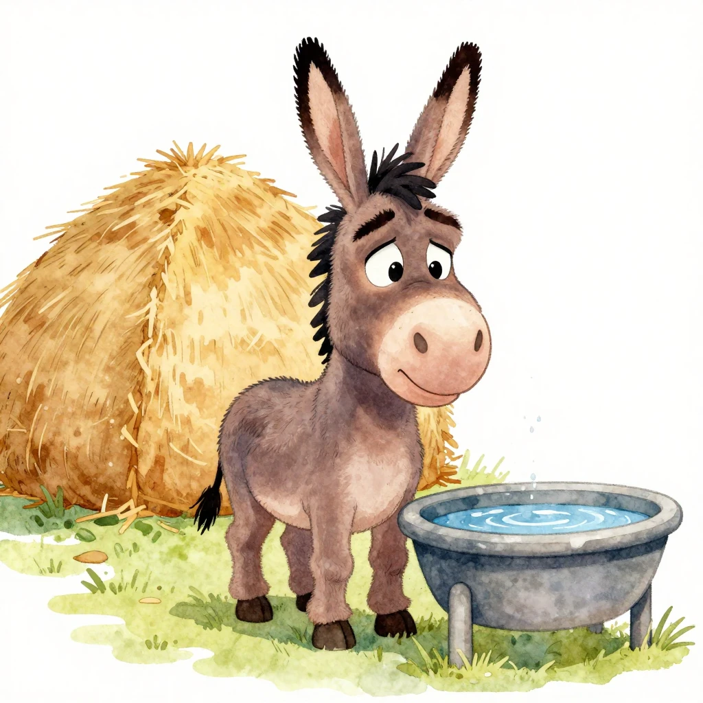 A vibrant watercolor cartoon illustration of a donkey with a...