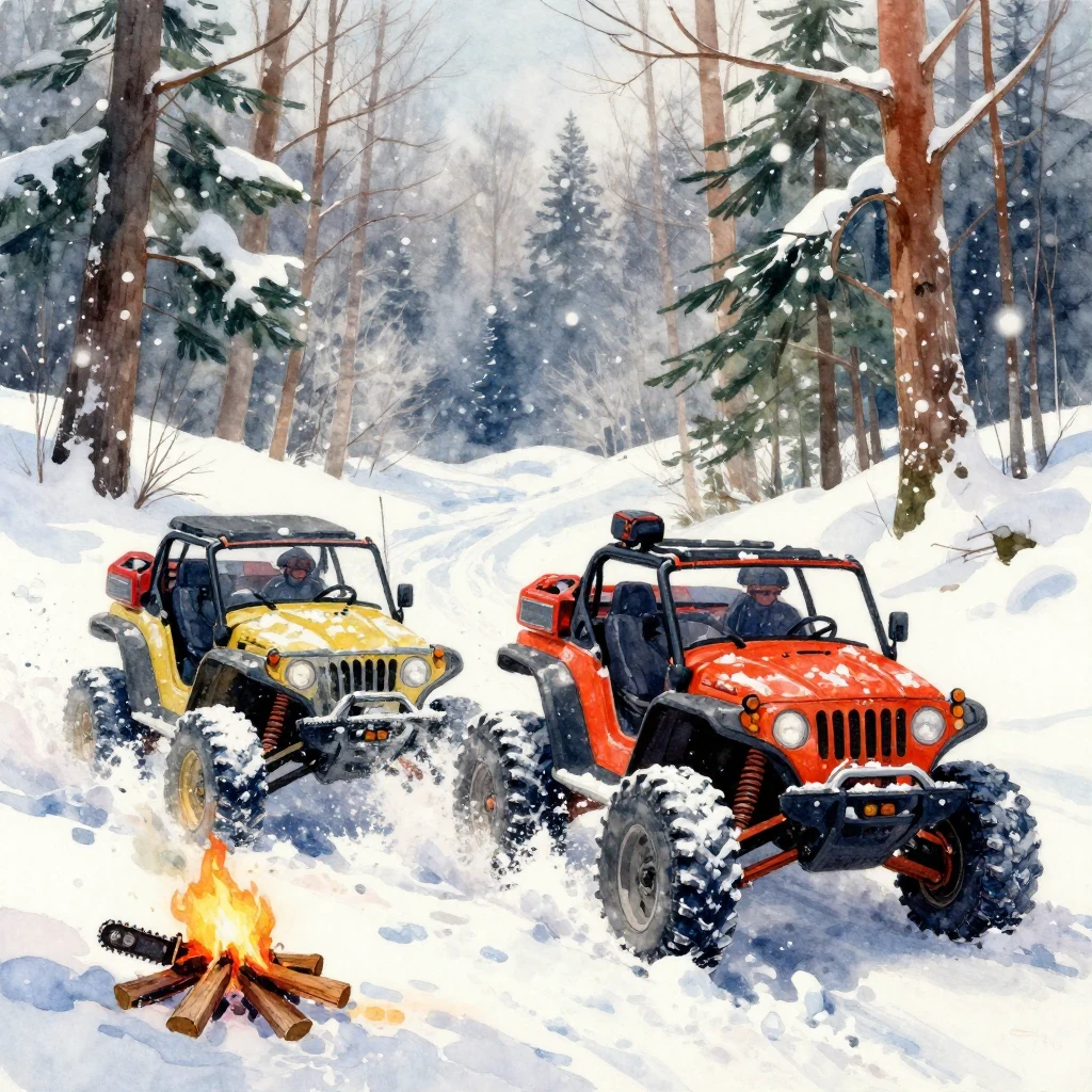 Vibrant watercolor painting of off-road vehicles struggling ...
