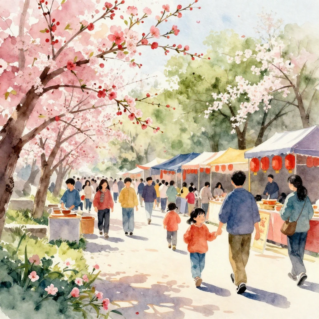 Vibrant watercolor painting of a spring festival scene, bloo...