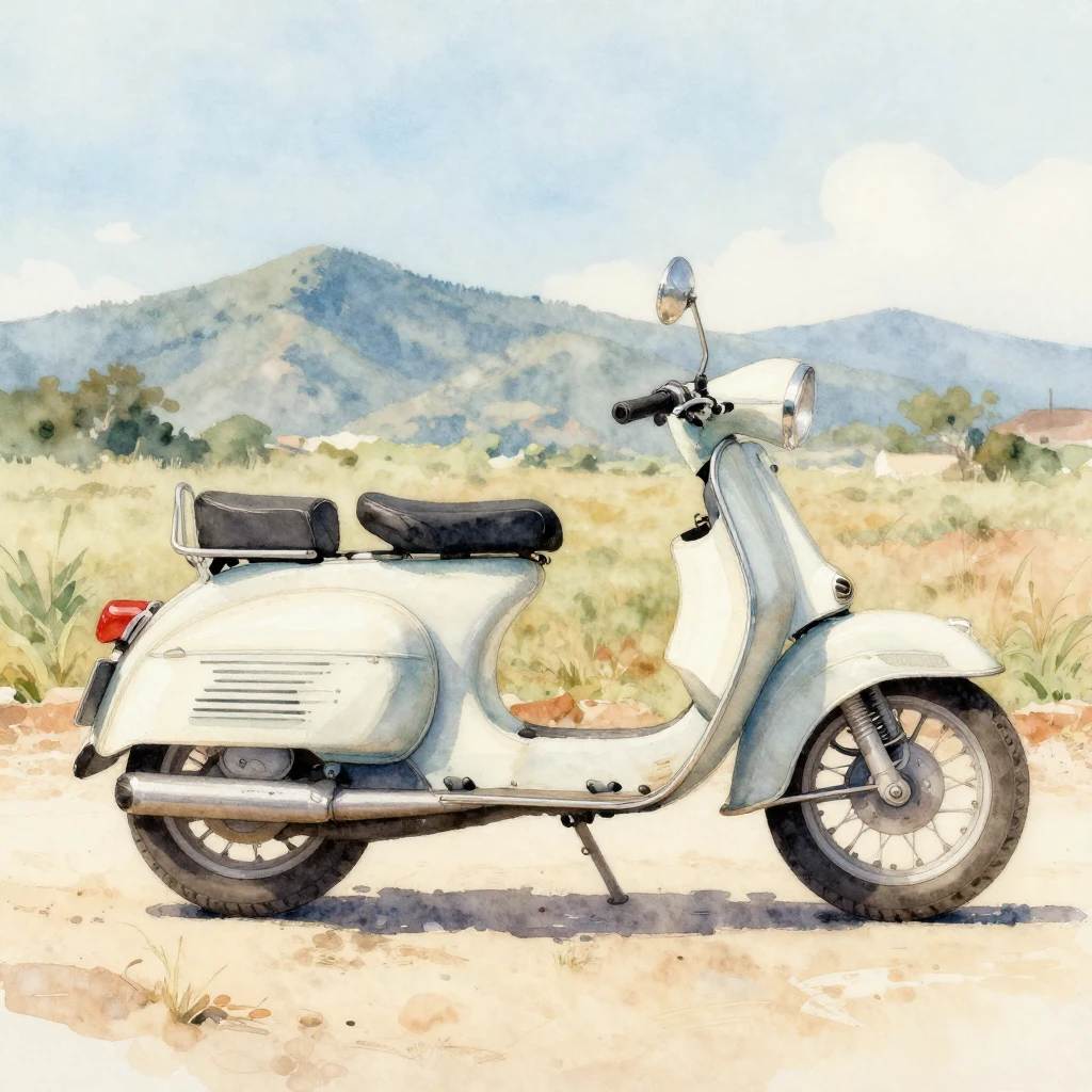 A watercolor painting of a vintage motorcycle, side profile,...