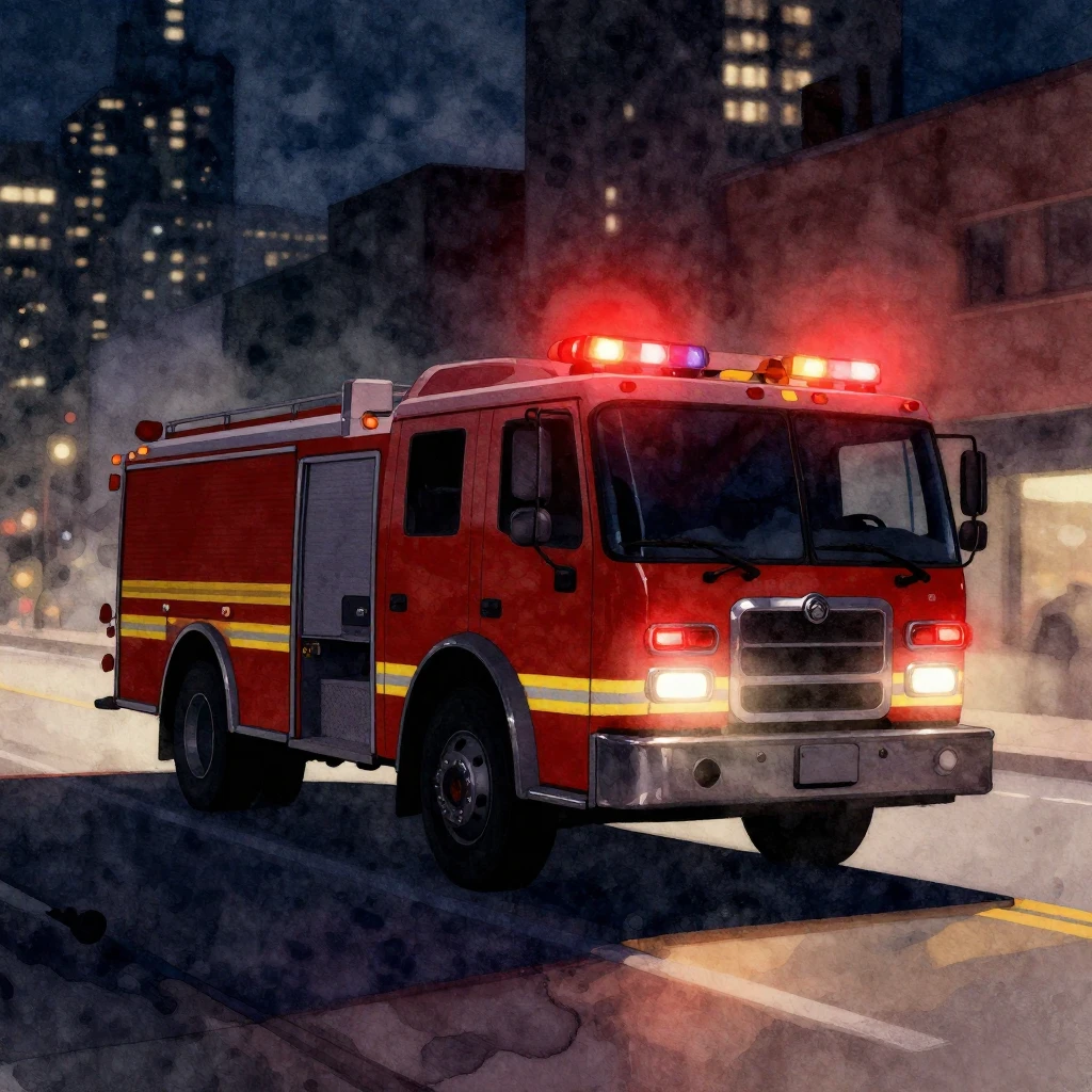 A watercolor silhouette of a fire truck with flashing lights...