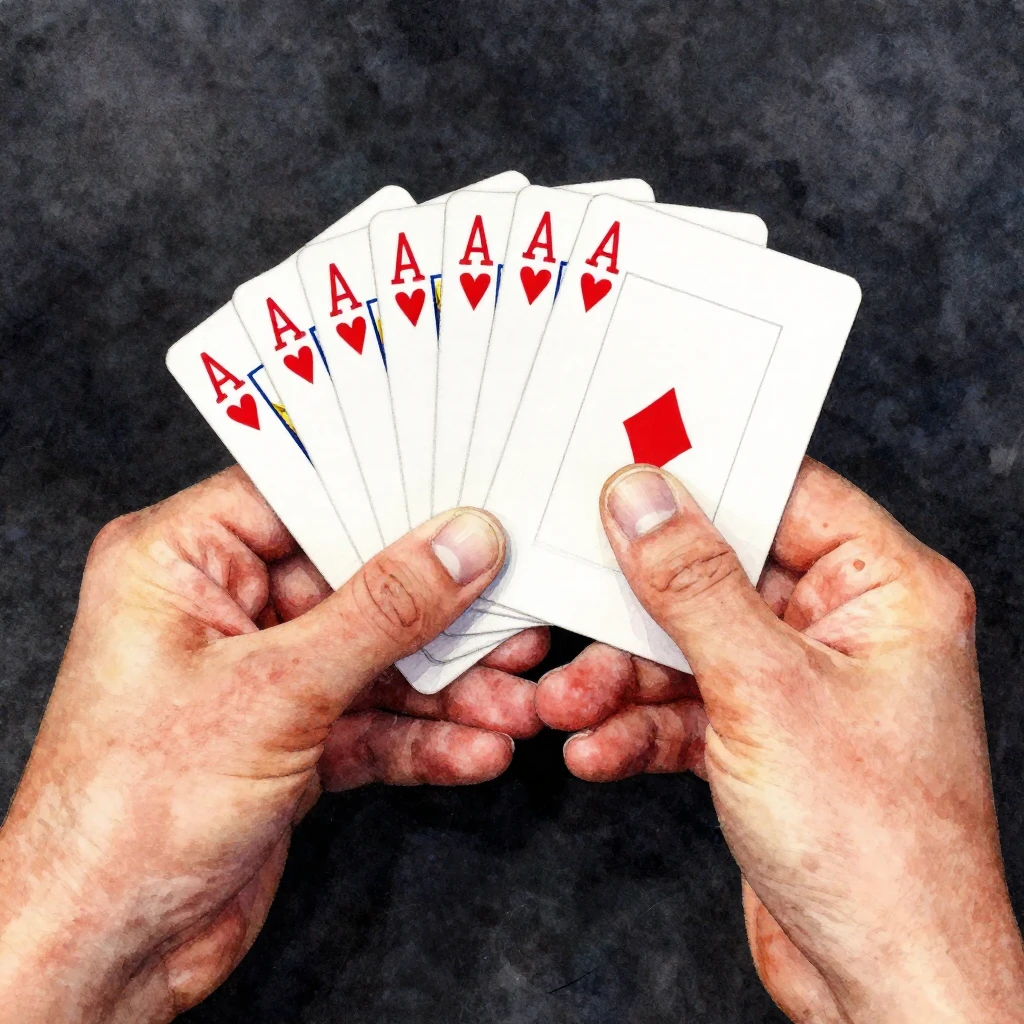 A vibrant watercolor painting of worn hands shuffling a deck...