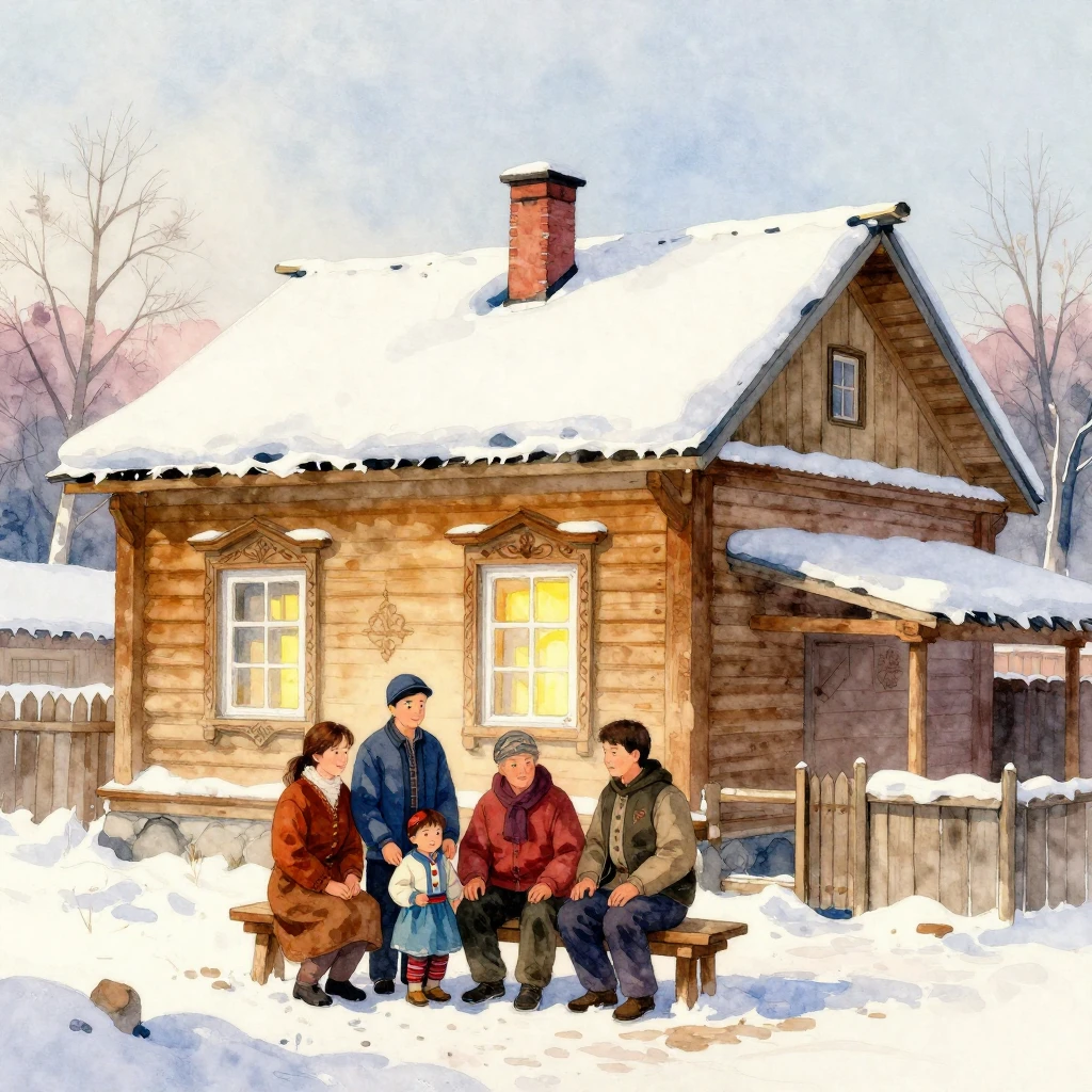 Vibrant watercolor style. A strong, traditional Tatar family...