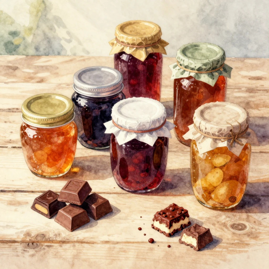 A vibrant watercolor illustration of various jars of homemad...