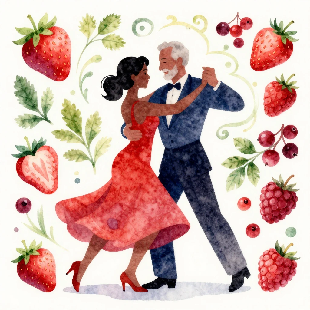 Vibrant watercolor style illustration of an elderly couple d...