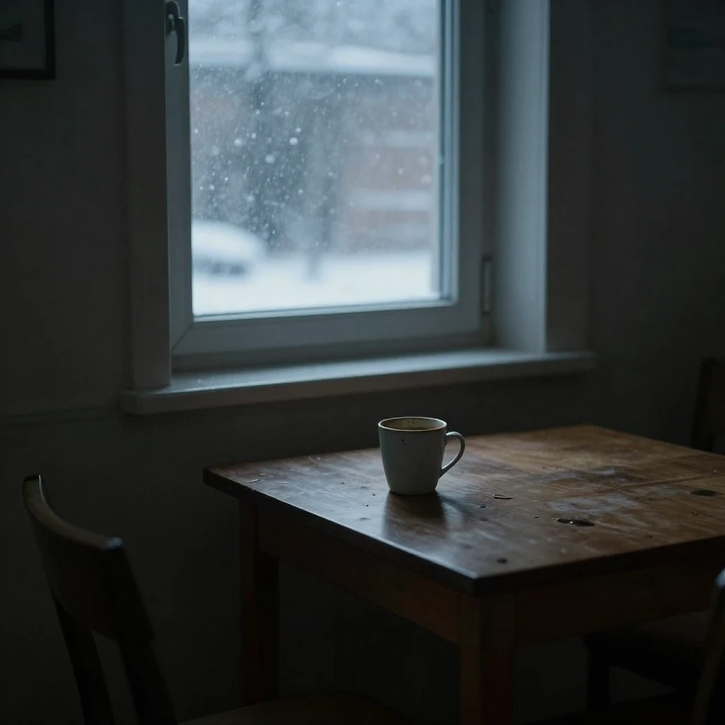 A dimly lit apartment interior at night, soft shadows cast b...