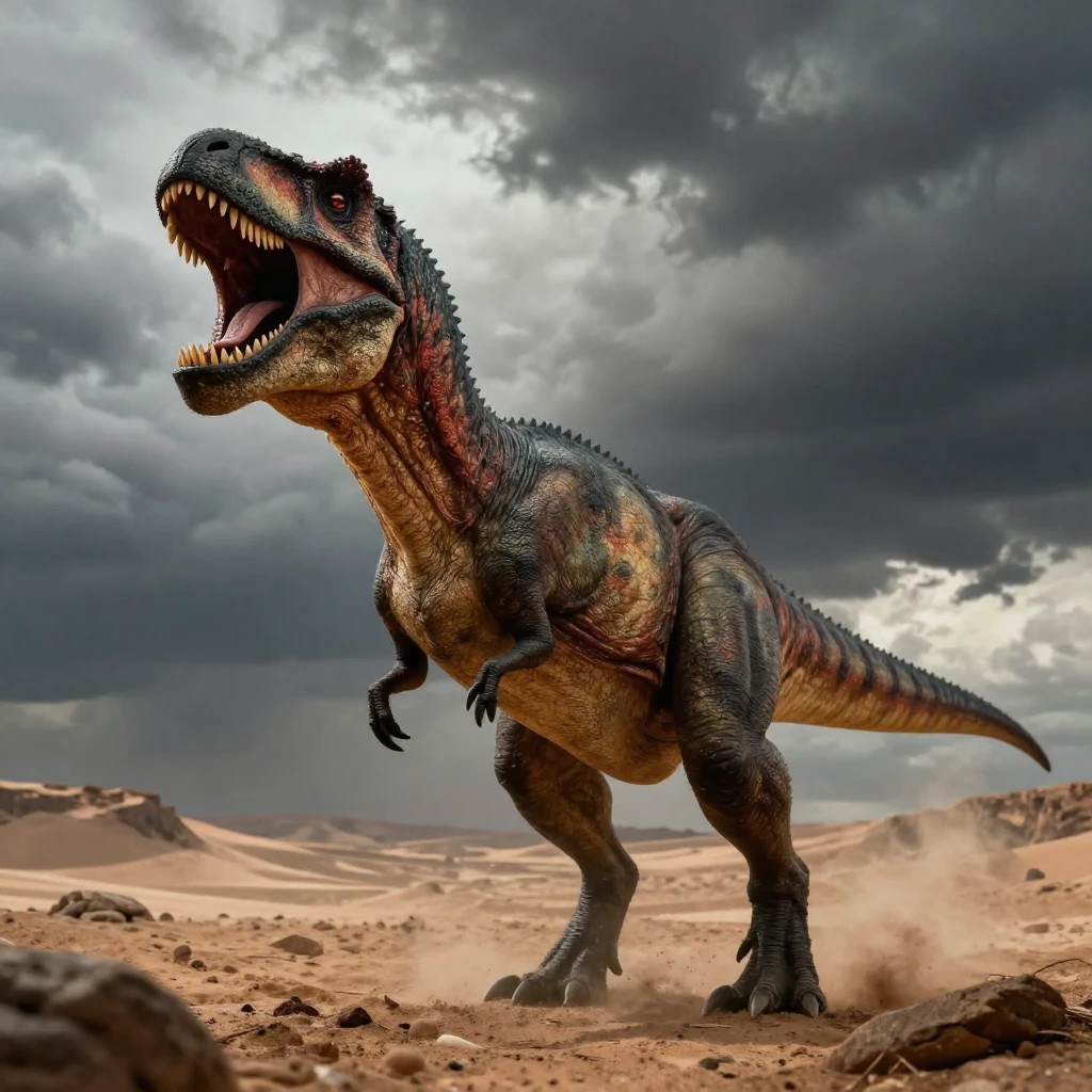 A powerful dinosaur, like a T-Rex or a large raptor, roaring...