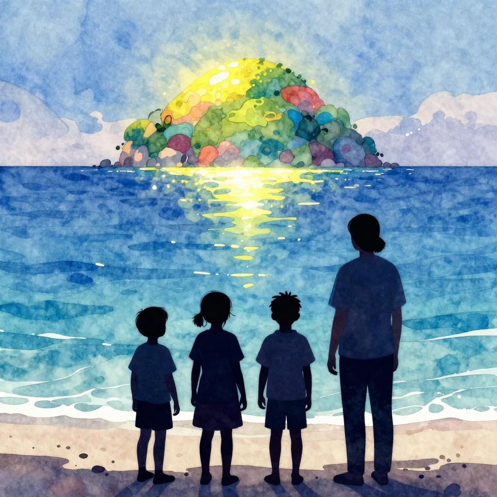 Silhouettes of children and an adult standing on a shore, lo...