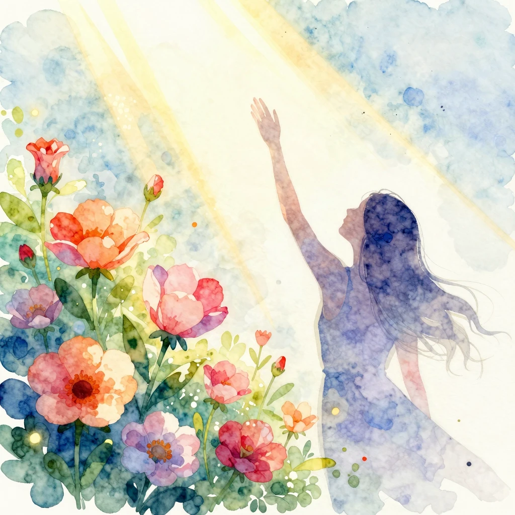 Vibrant watercolor illustration showing blooming flowers and...