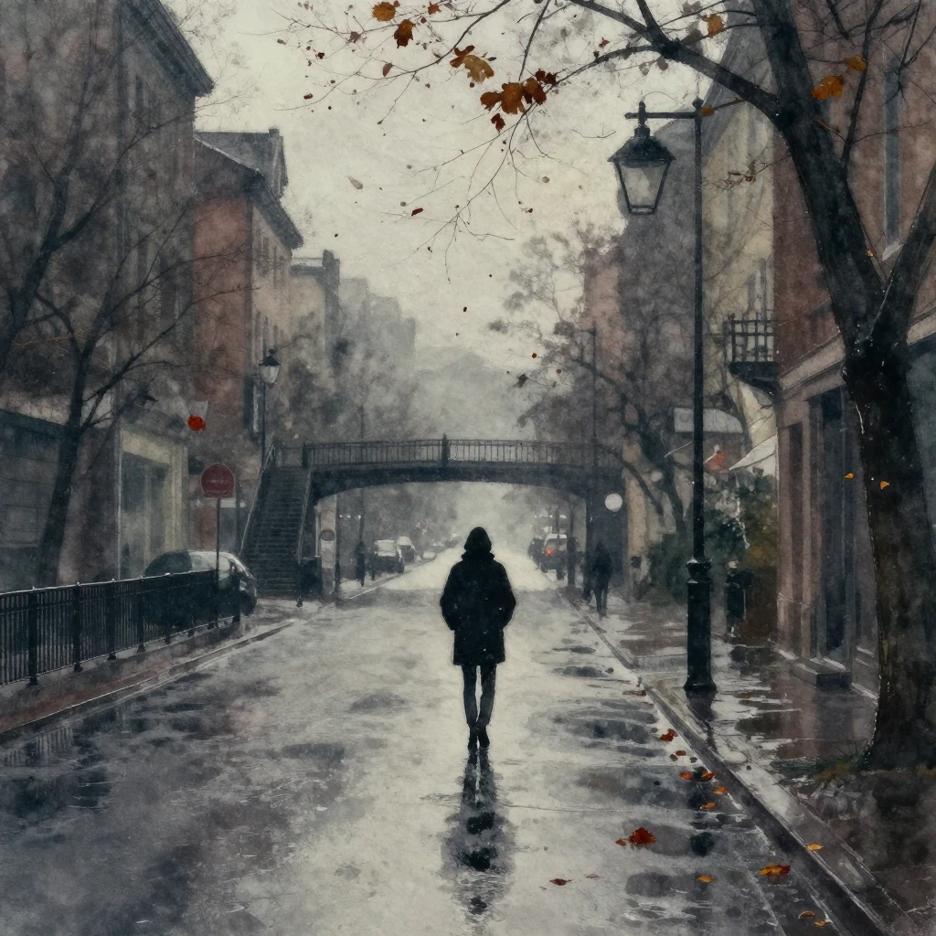 A melancholic, rainy city street at dusk, watercolor style. ...