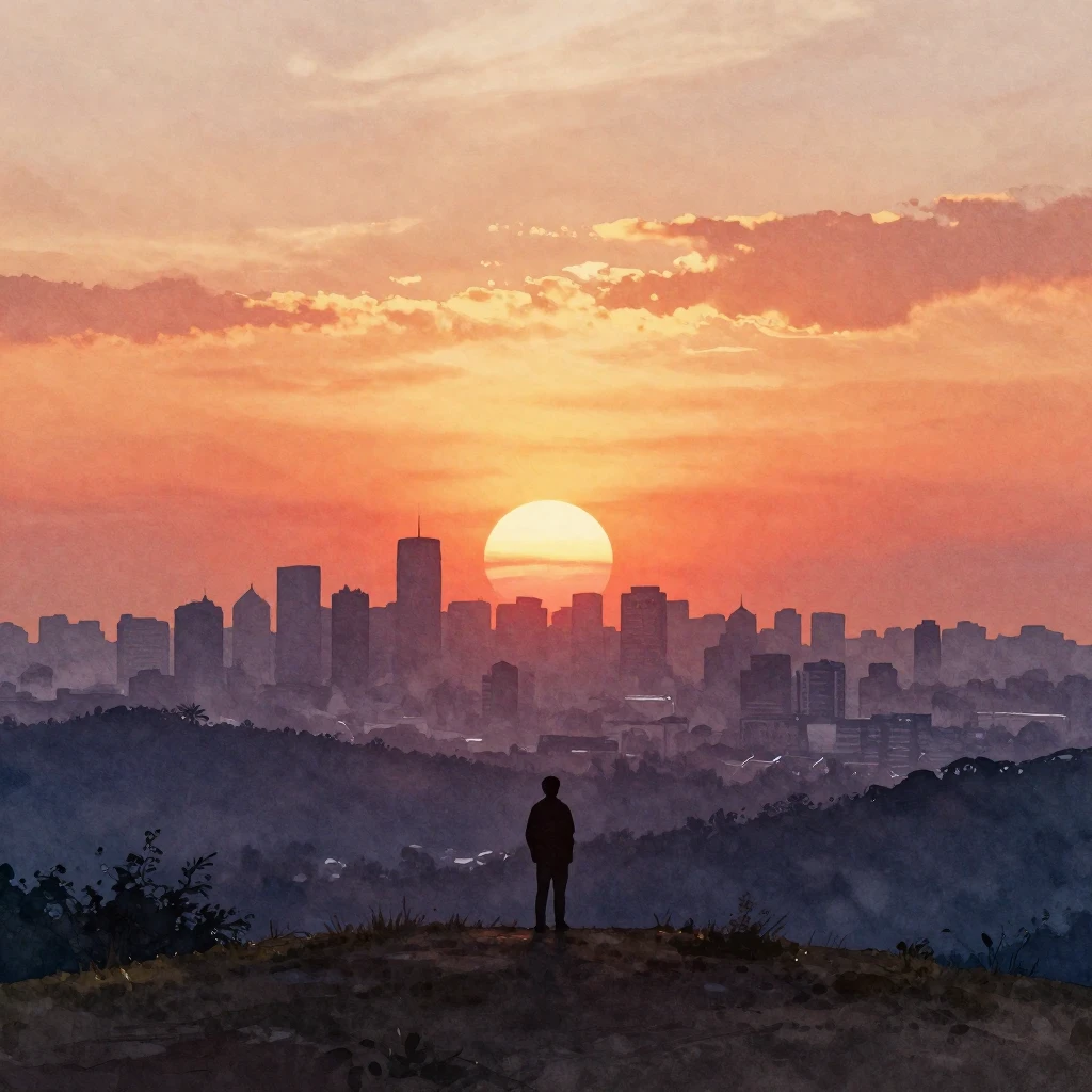 A watercolor painting of a vibrant sunset casting warm hues ...