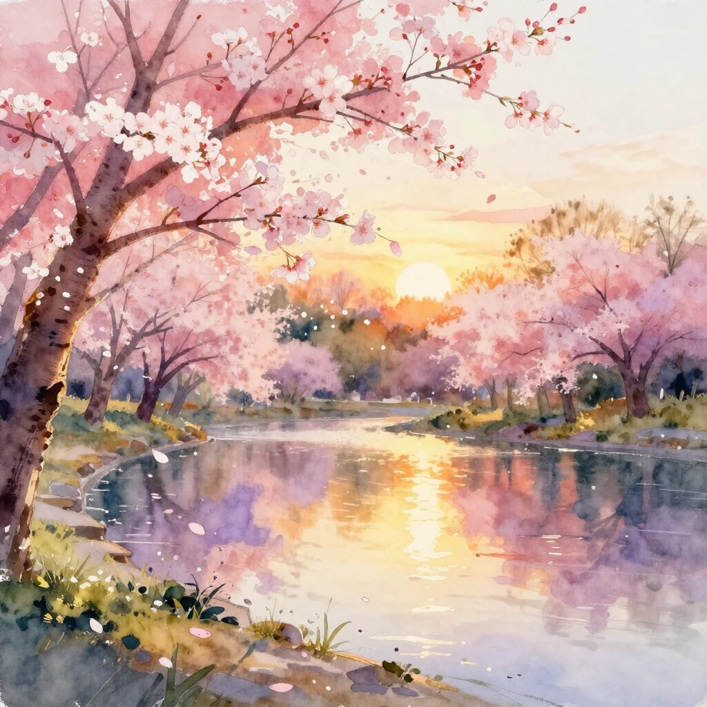 A watercolor painting of a blooming spring garden at golden ...