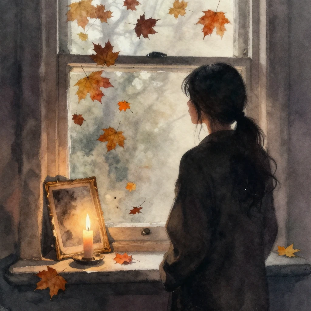 A lone silhouetted figure by a window, looking at falling au...