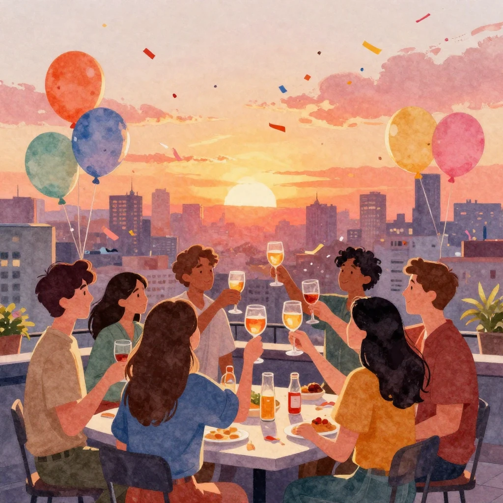 A watercolor illustration of a festive rooftop celebration a...