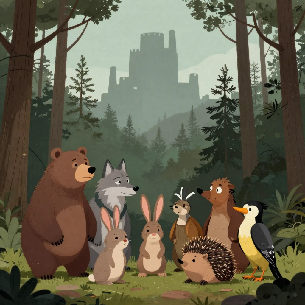 A group of anthropomorphic forest animals (bear, wolf, rabbi...