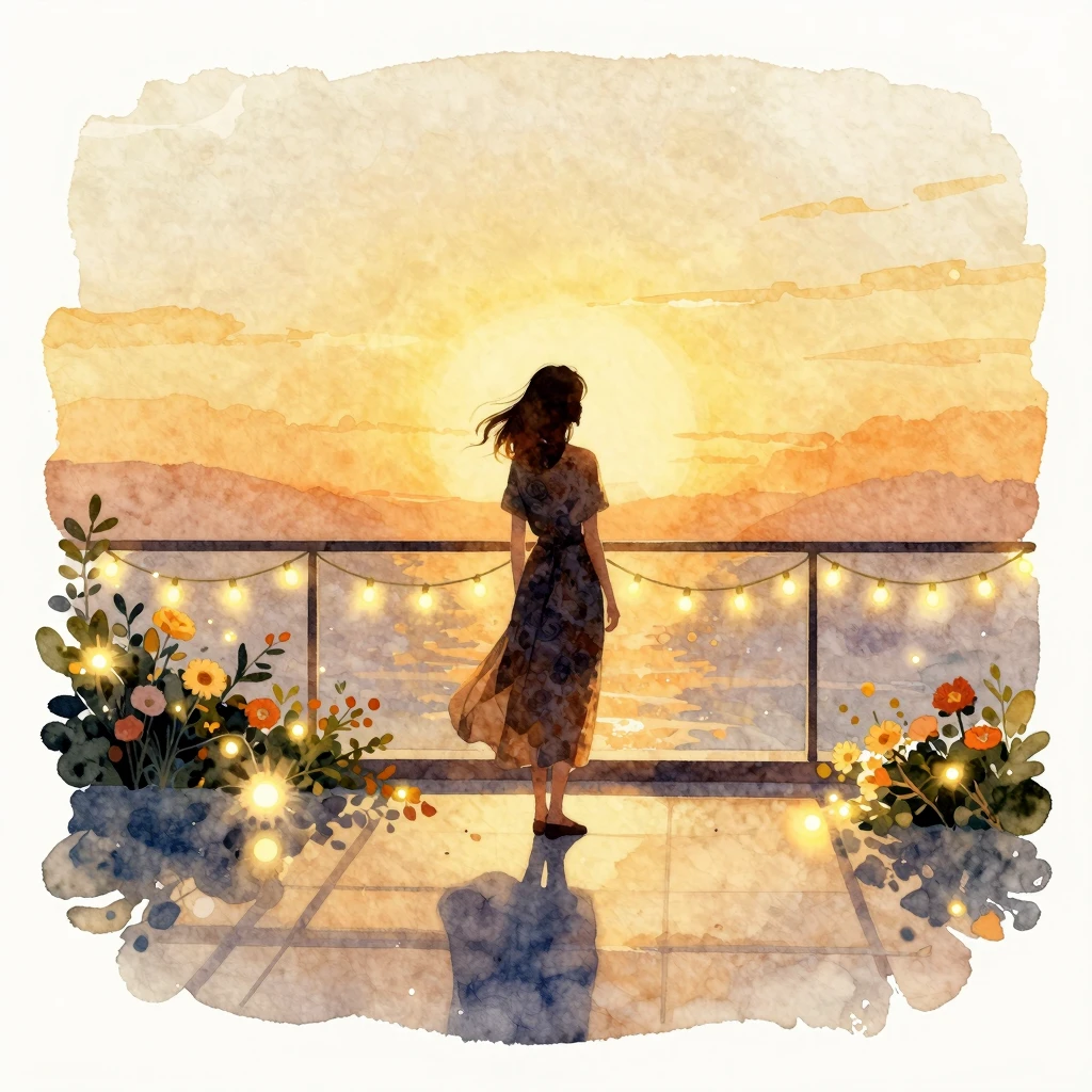 Watercolor painting of a silhouette of a woman standing on a...