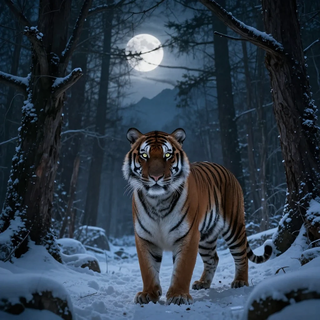 A majestic Siberian tiger, 'Amba,' with glowing eyes, emergi...