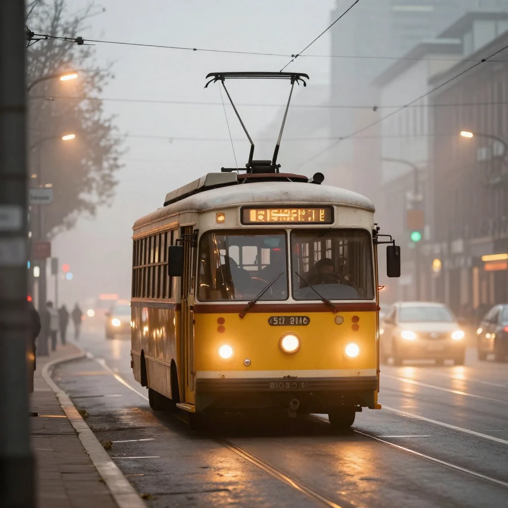 A vintage trolleybus, number 52, driving through a misty cit...