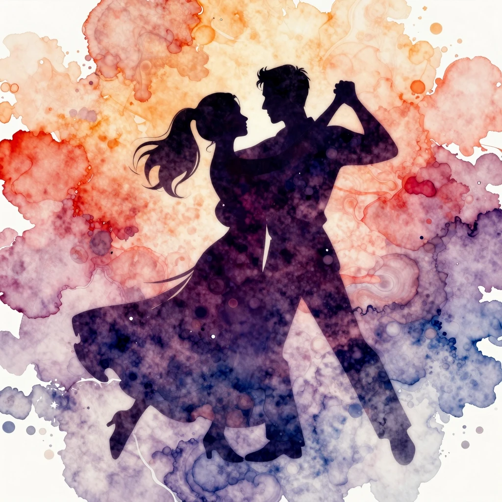 A couple's silhouettes dancing, surrounded by vibrant, swirl...