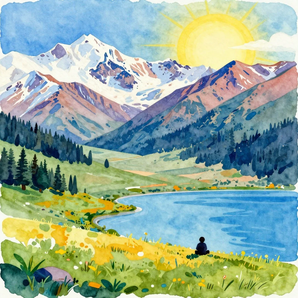 Vibrant watercolor painting of a Kyrgyzstan landscape, showc...